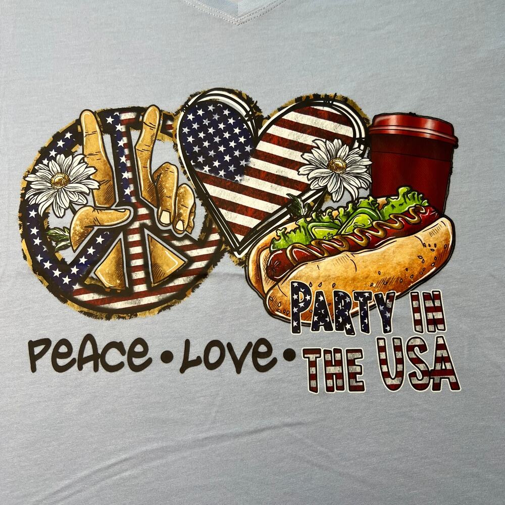 Americana Peace, Love, Party In USA Light Blue/Gray Tee Medium